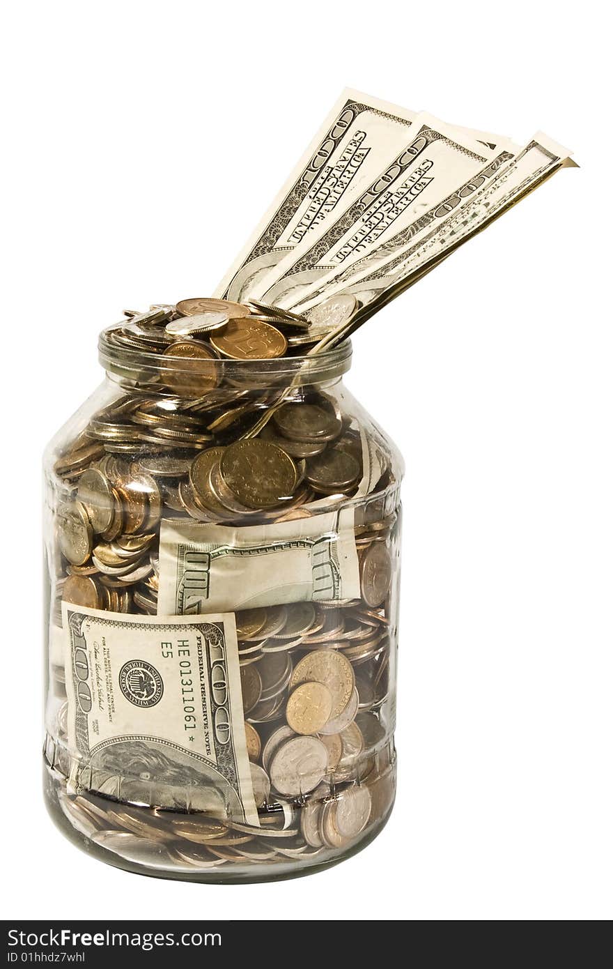 Dollars and coins in glass isolated on a white background. Dollars and coins in glass isolated on a white background