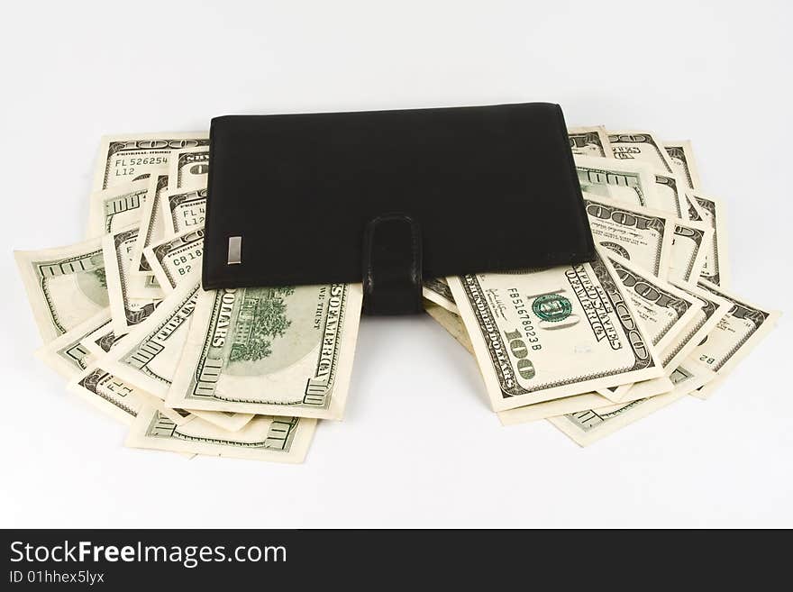 Leather wallet with money. Isolated on white background