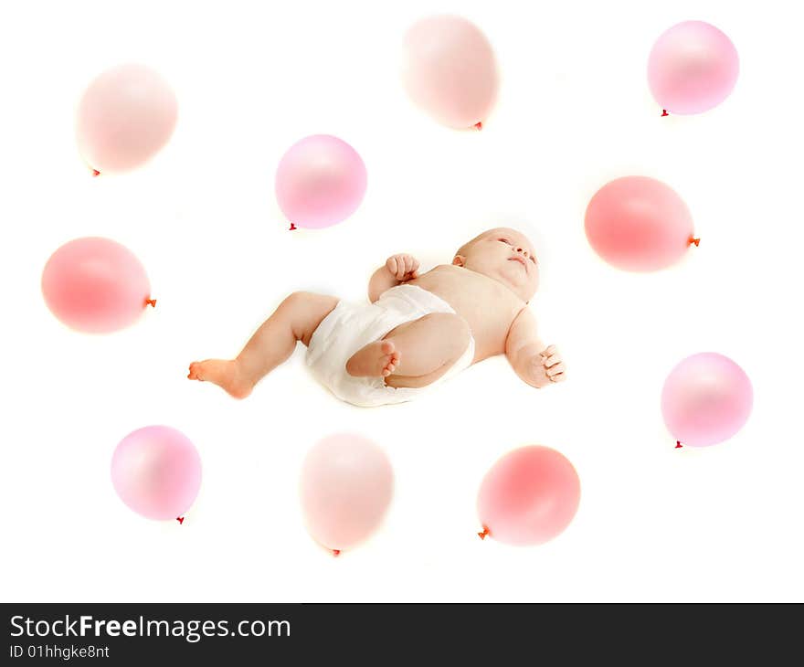 Baby in pink balloons over white