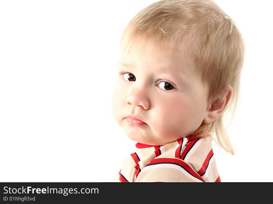 Little blond boy isolated on white background