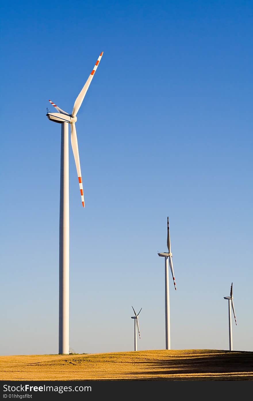 Windmills on grain field with Blue Sky in the background