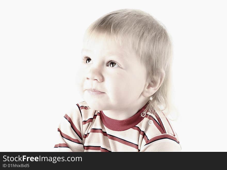 Little blond boy isolated on white background