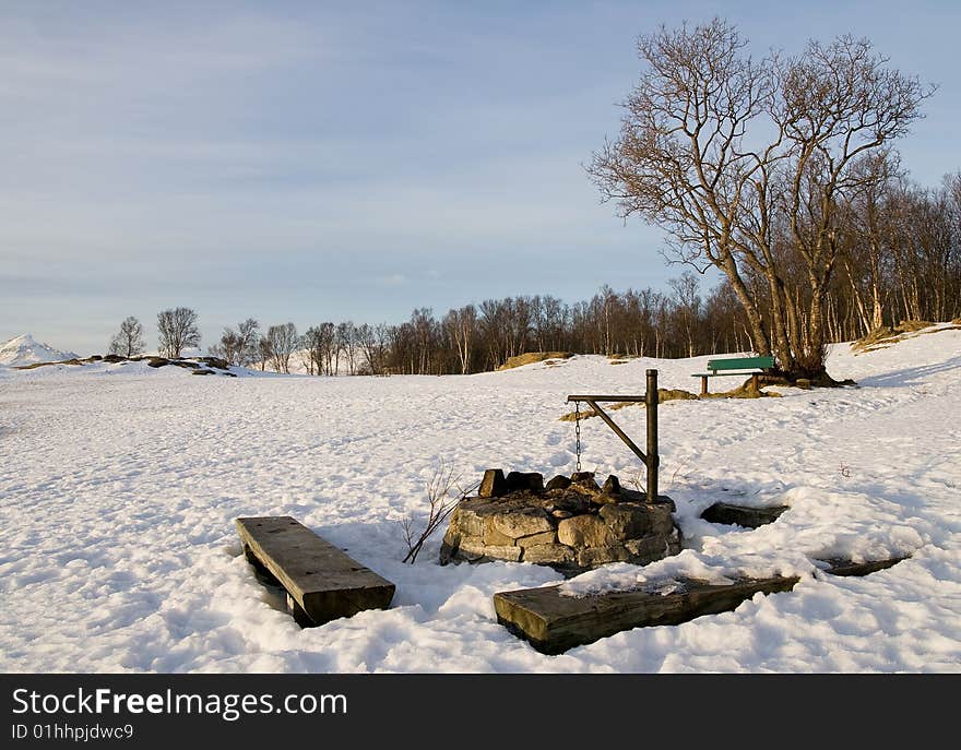 View of barbecue place   covered with snow