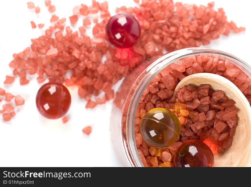 Spa products: bath salt and oil balls in a bowl