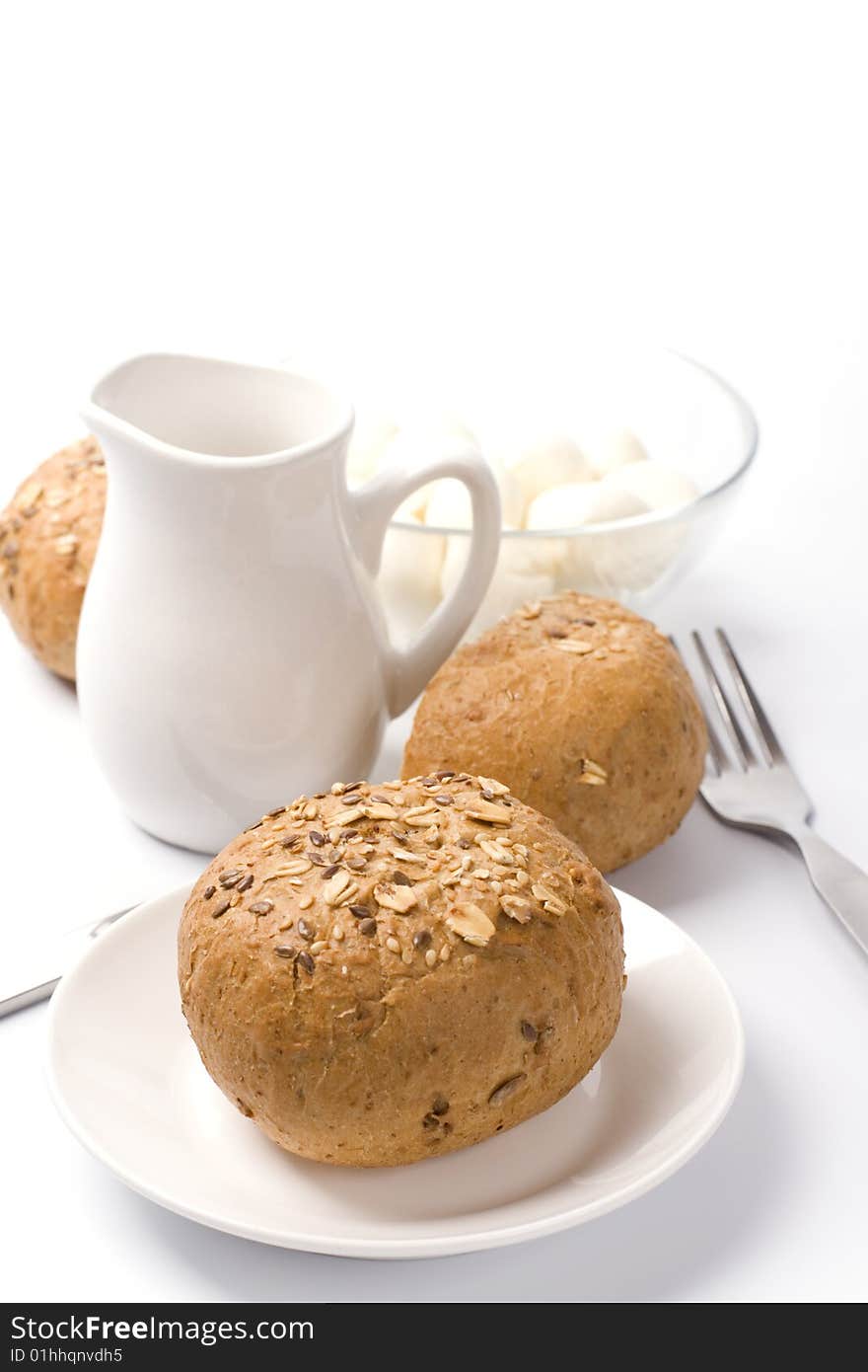 Bread and mozzarella closeup on white