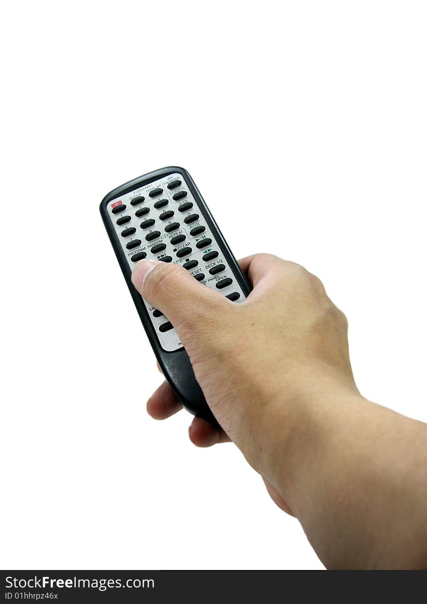 Isolated photo of thumb on the remote controller pointing at something. Isolated photo of thumb on the remote controller pointing at something