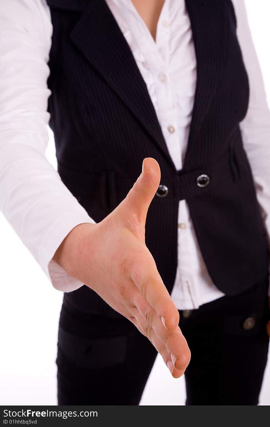 Front view of woman offering handshake on an isolated white background