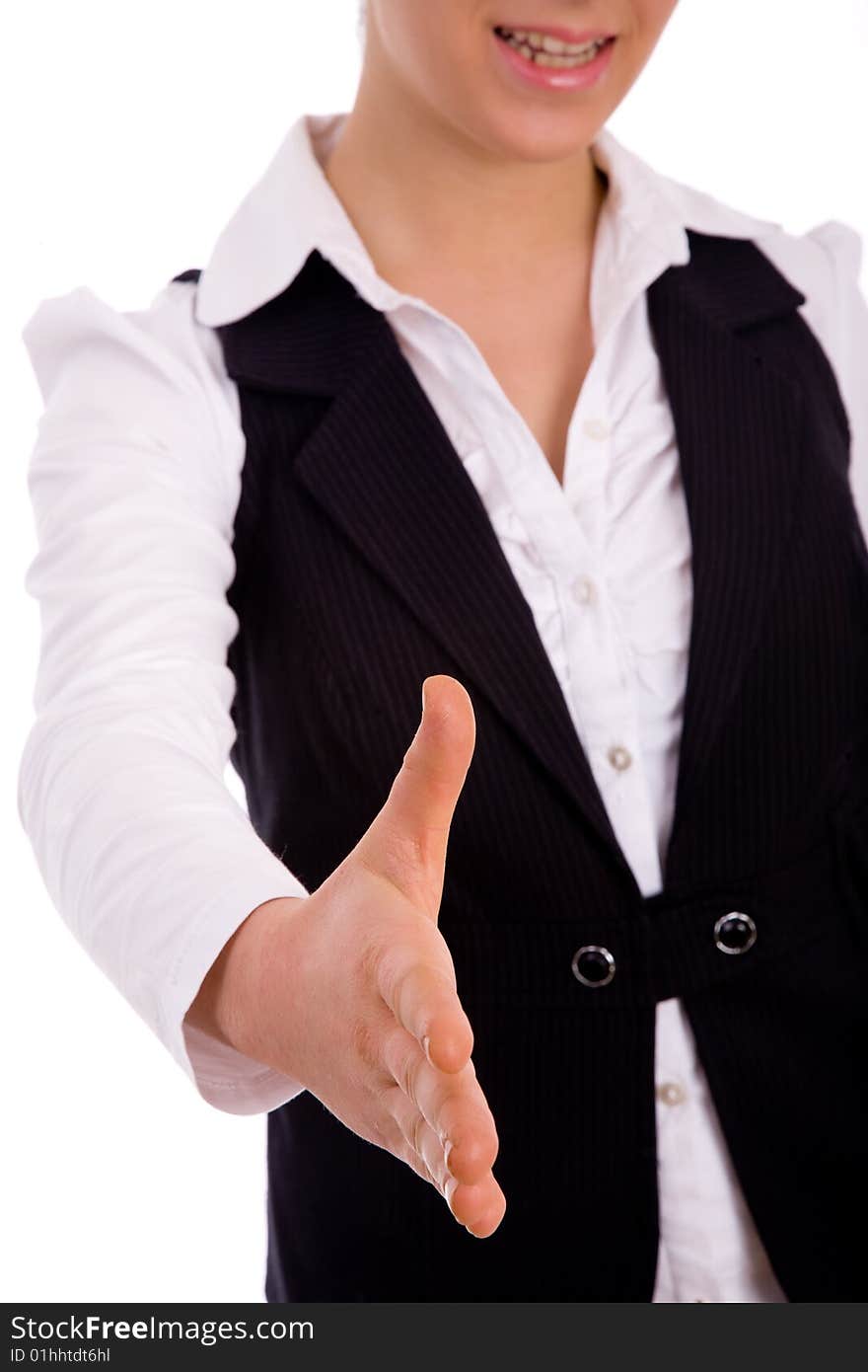 Front view of executive offering handshake with white background