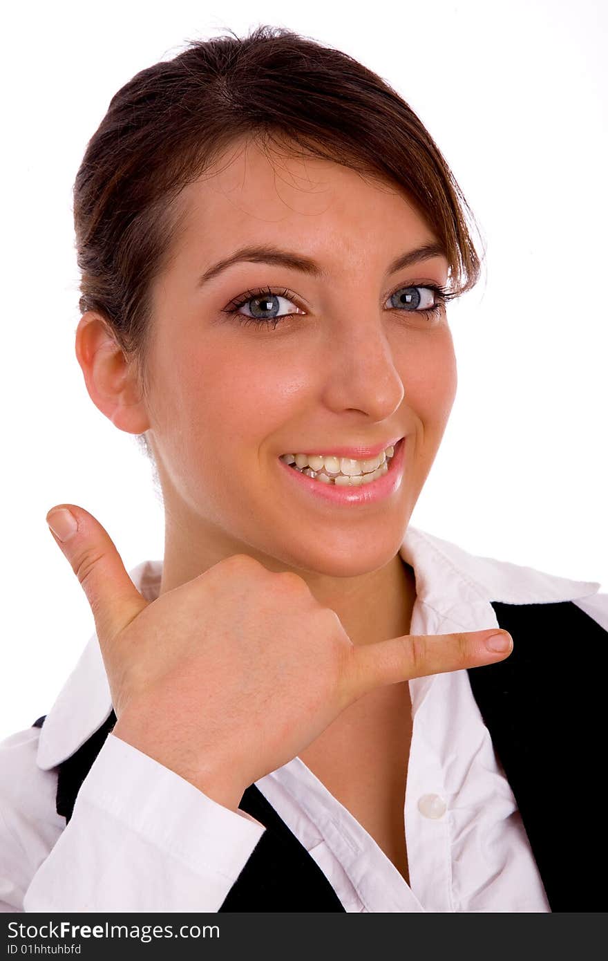 Cheerful woman making phone call hand gesture