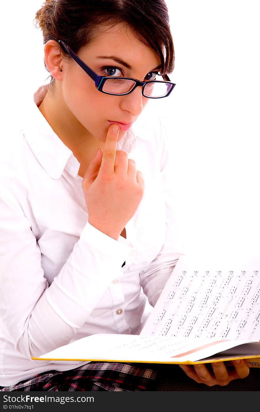 Side pose of female student with books on an isolated white background