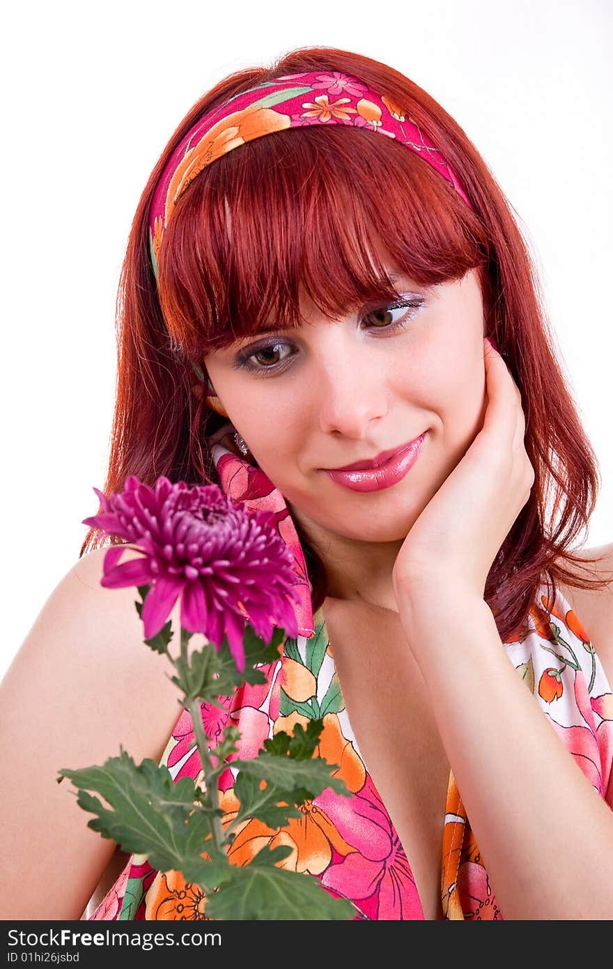 Portrait of Fresh and Beautiful woman with flower, isolated on white