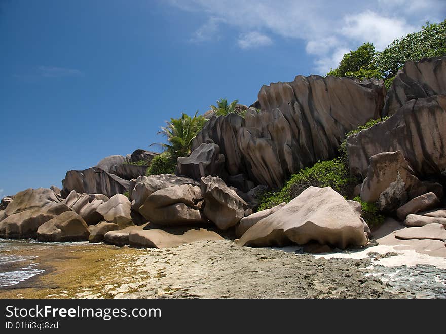 Seychelles stones and palm trees on the bank of azure ocean. Seychelles stones and palm trees on the bank of azure ocean