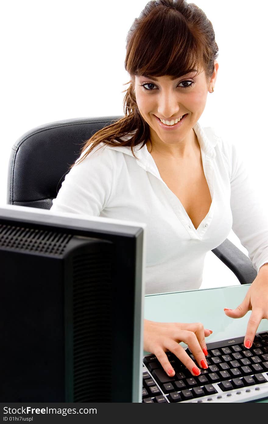 Front view of  businesswoman in office against white background. Front view of  businesswoman in office against white background