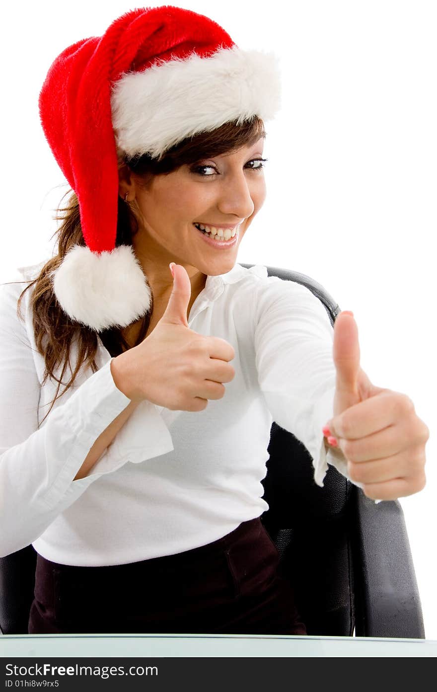 Front view of christmas woman with thumbs up with white background