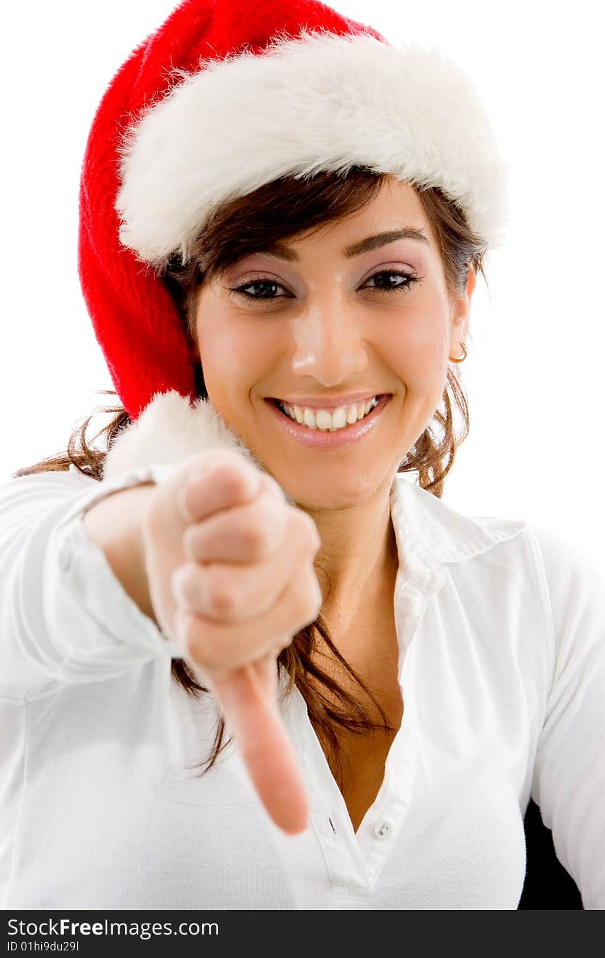 Smiling christmas female with thumbs down