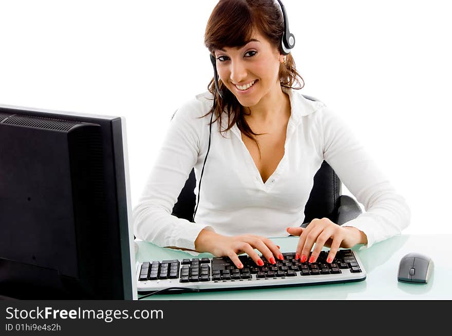 Front view of female customer care with white background