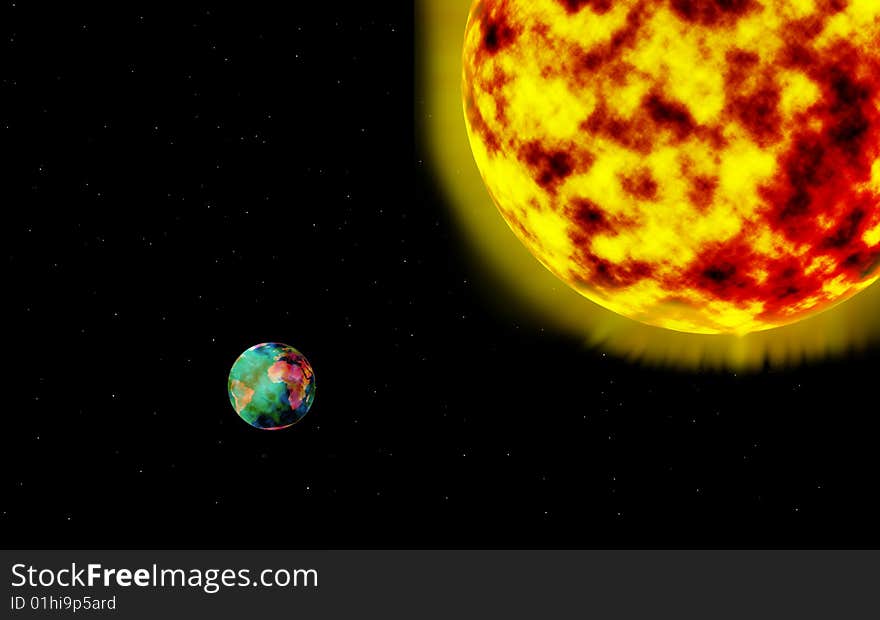 Big hot sun shining on to our little earth, the earth has an destroyed atmosphere. Big hot sun shining on to our little earth, the earth has an destroyed atmosphere