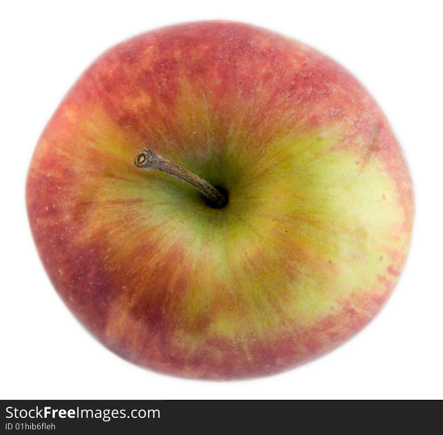 Close-up of a red apple. Focus on stem. Close-up of a red apple. Focus on stem.