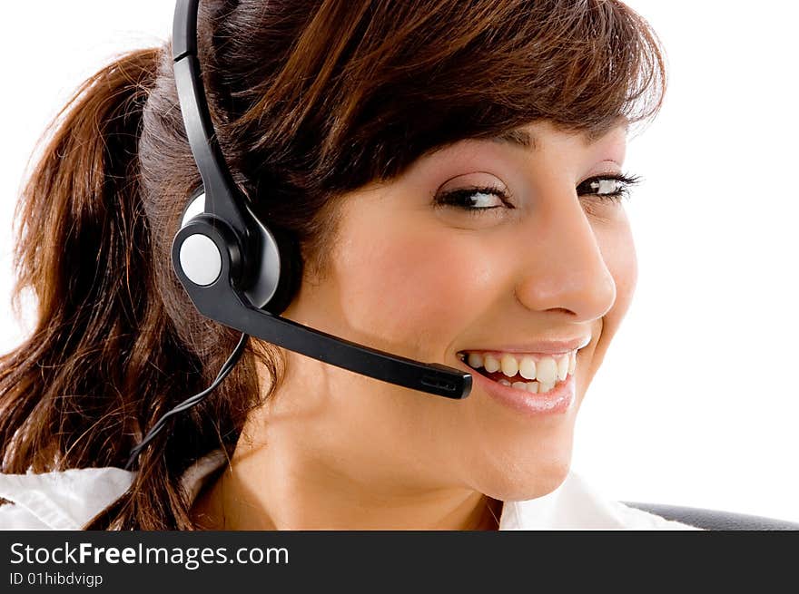 Portrait of cheerful female customer care on an isolated white background