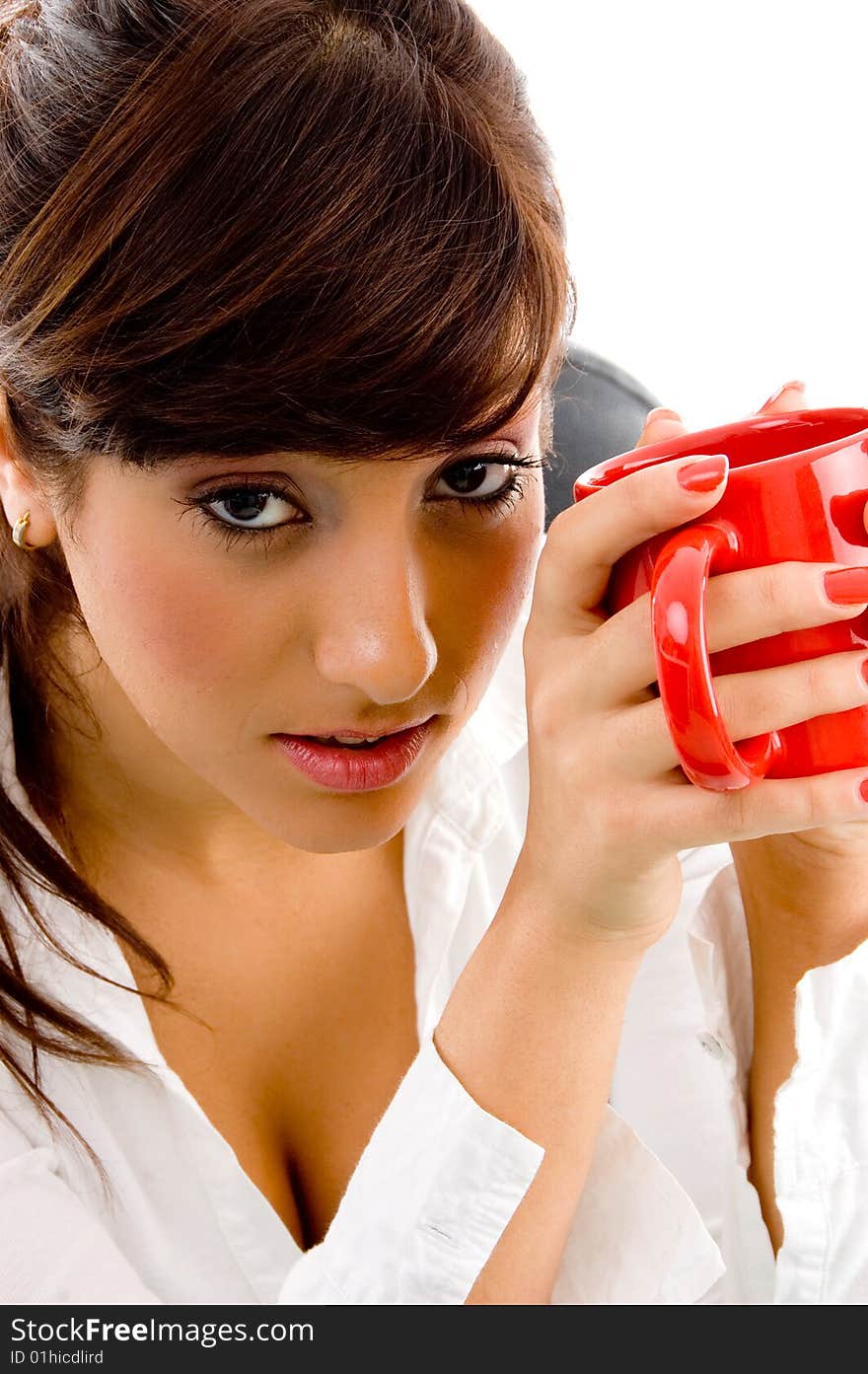 Front view of woman holding mug on an isolated white background