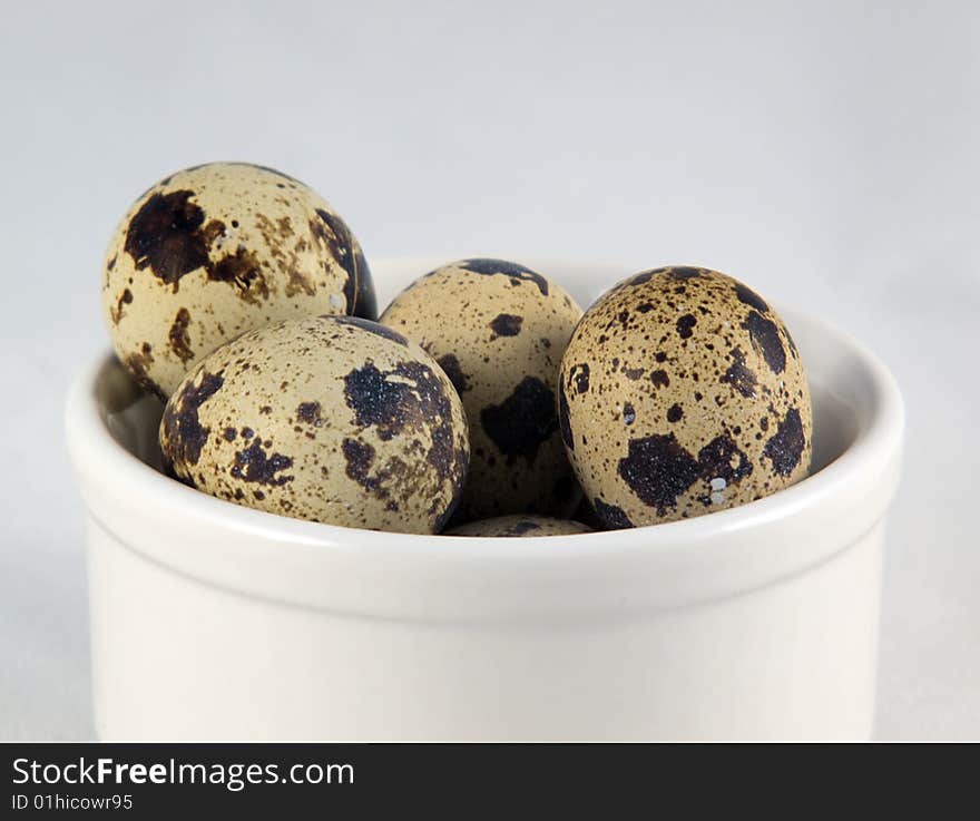 A number of patterned, organic quil's eggs in white ceramic pot. A number of patterned, organic quil's eggs in white ceramic pot.