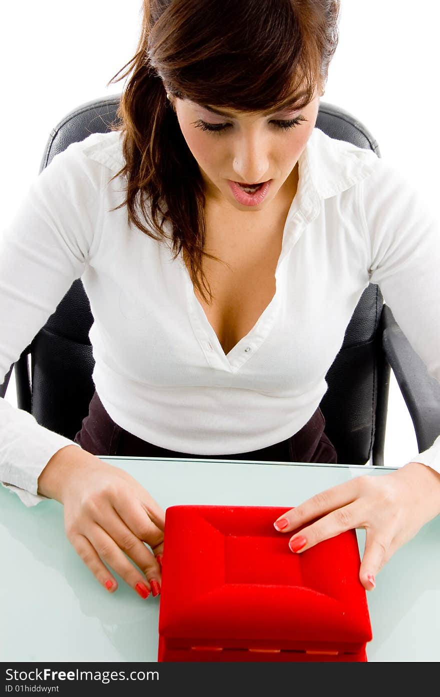 Top view of sitting female with jewellery box on an isolated white background