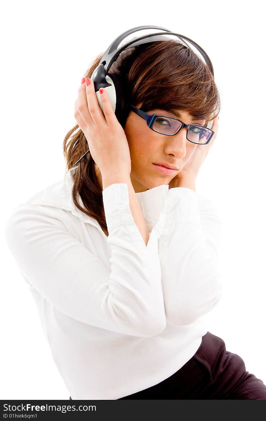 Side view of woman holding headphone on an isolated white background