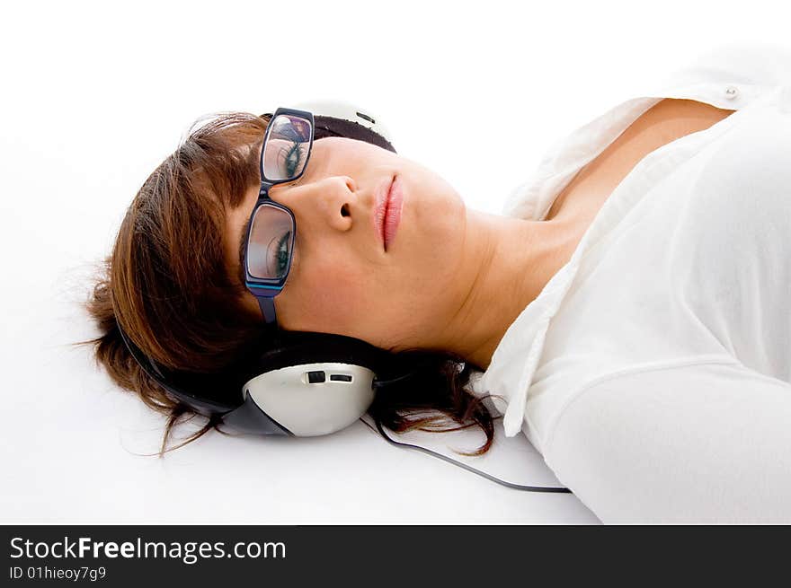 Top view of  female with headphone with white background