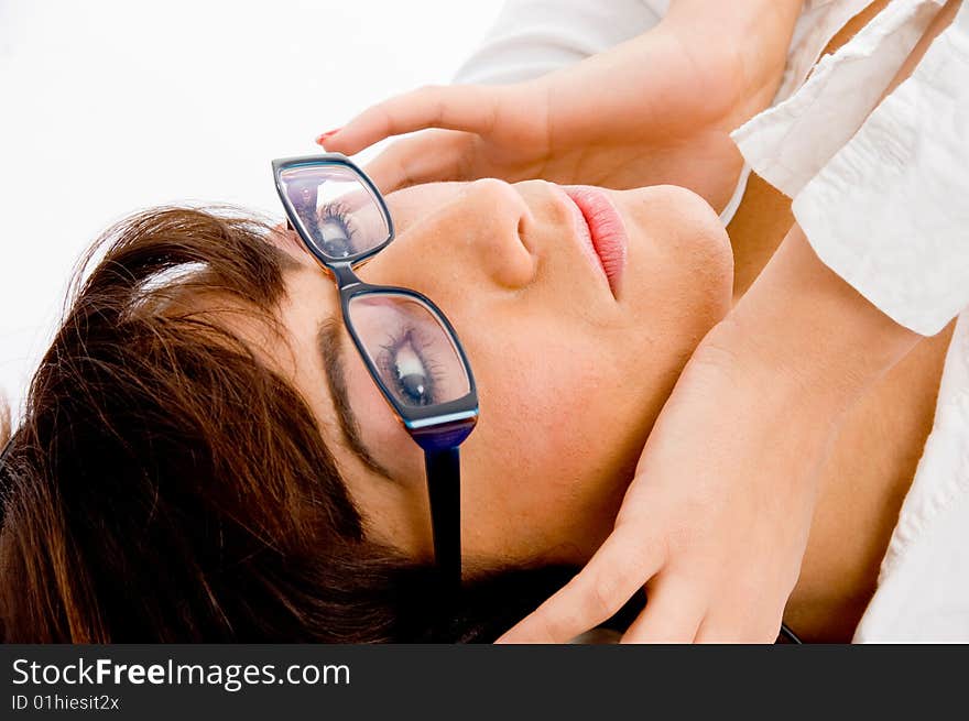 Close view of woman listening music