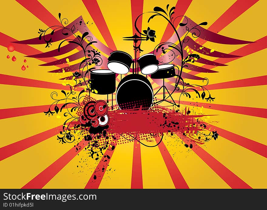 Grunge background with drums set and banner