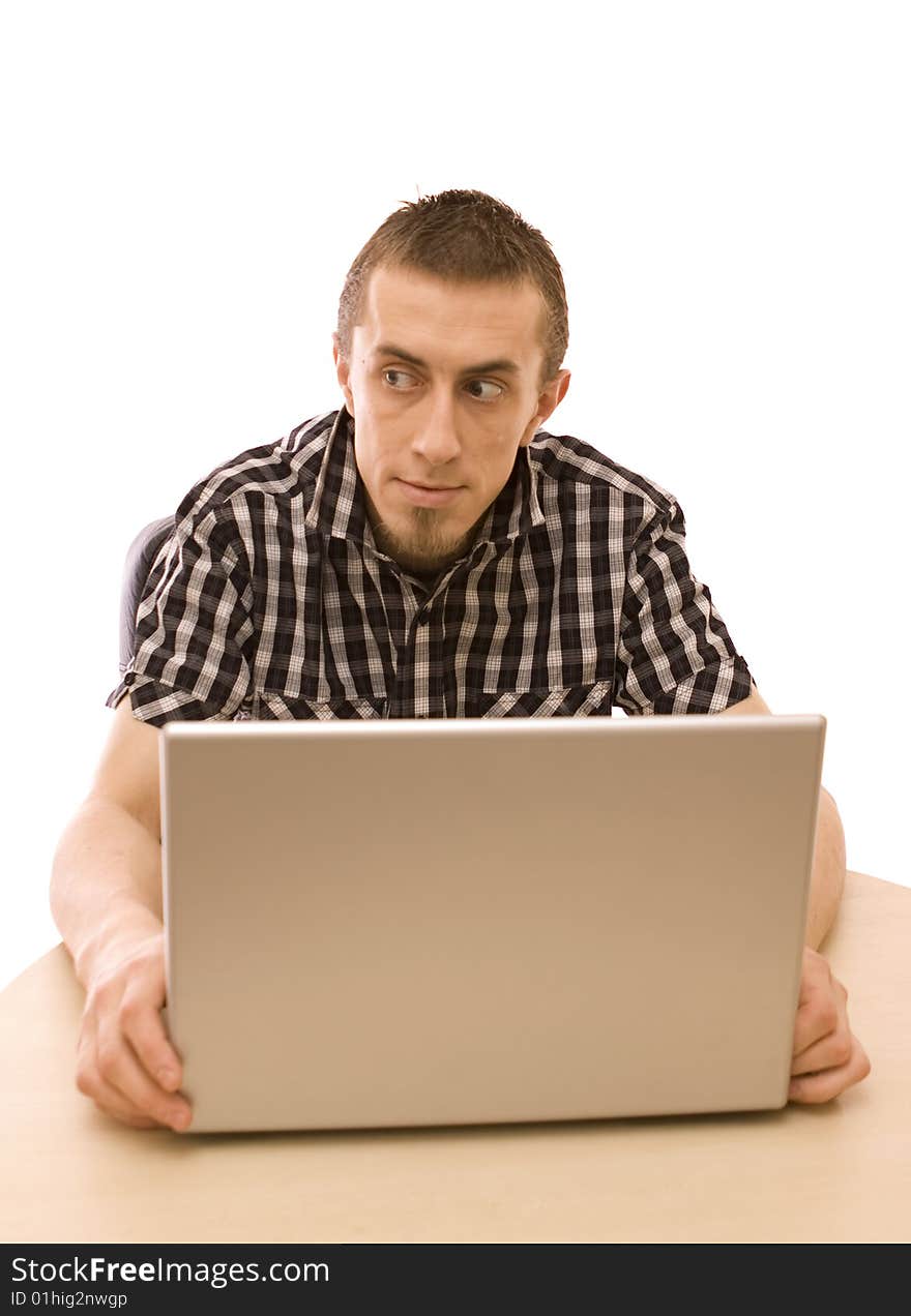 Man with laptop on white. Man with laptop on white