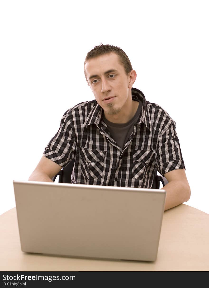 Man with laptop on white. Man with laptop on white