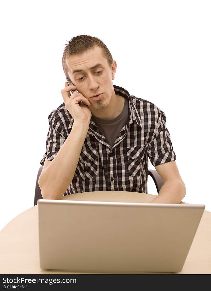 Man with laptop on white. Man with laptop on white