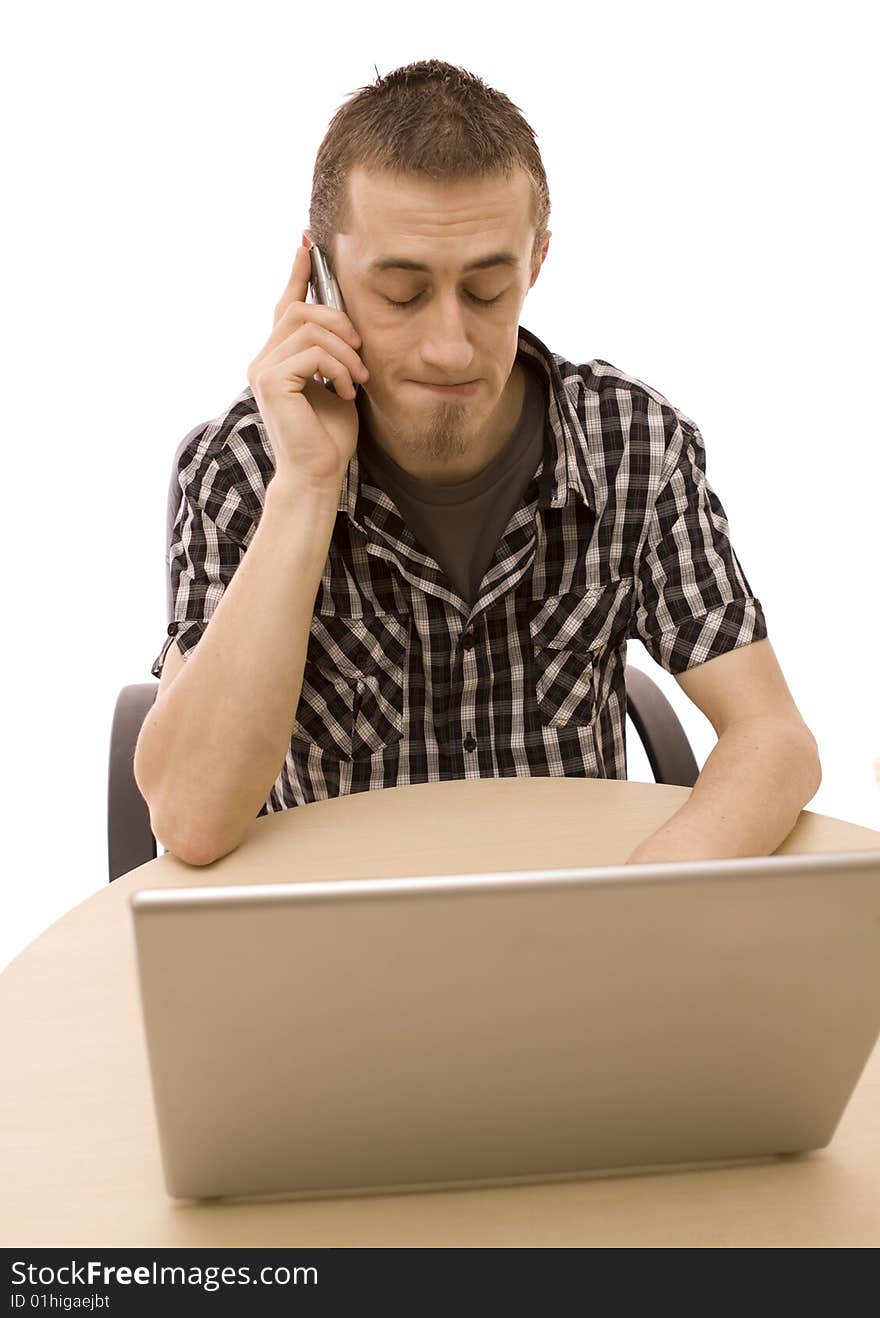 Man with laptop on white. Man with laptop on white