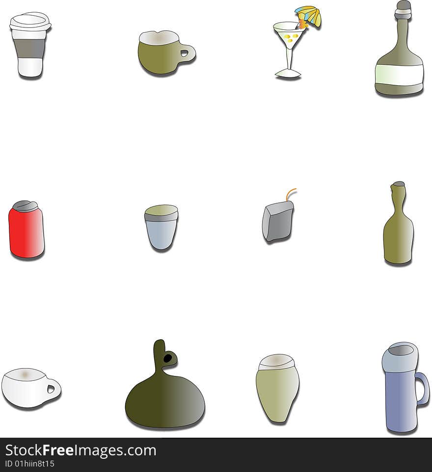 A collection of sixteen different types of drink containers. A collection of sixteen different types of drink containers.