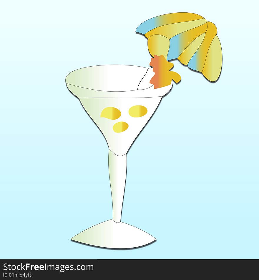 An illustration of a martini cocktail over a blue background.