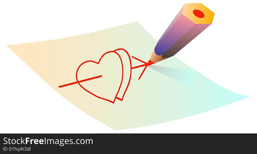 Pencil drawing  arrow shoot to the two hearts. Pencil drawing  arrow shoot to the two hearts.