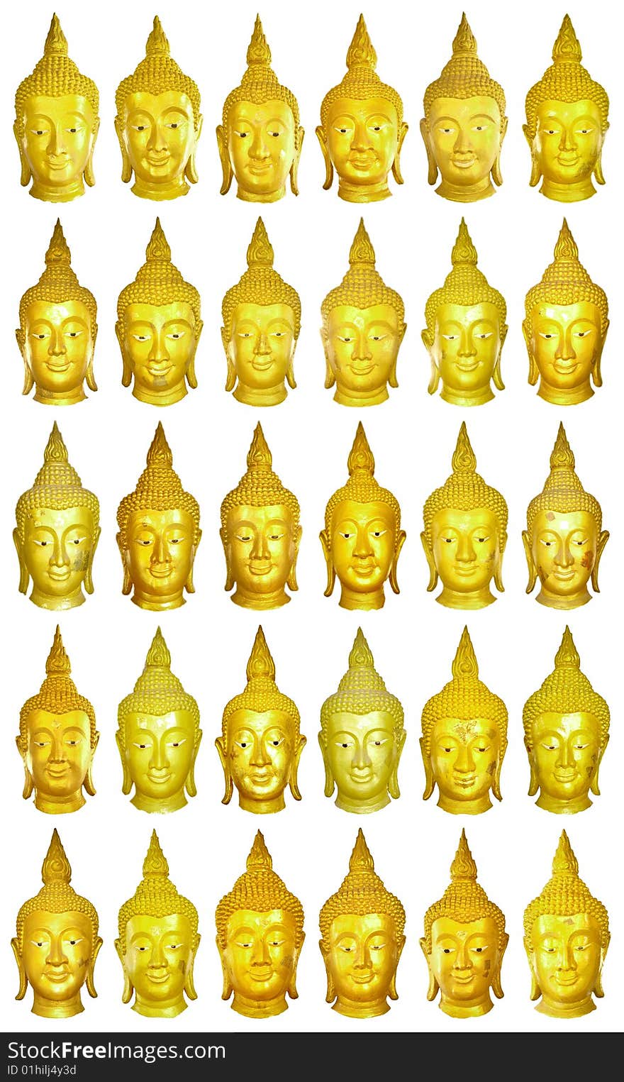 Set of 30 re-painting old Buddha image heads. All of them are different. There are in Wat Mahathat, Supanburi, Thailand. Set of 30 re-painting old Buddha image heads. All of them are different. There are in Wat Mahathat, Supanburi, Thailand.