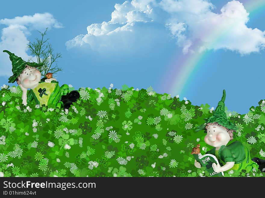 Irish leprechauns in a shamrocks with rainbow. Irish leprechauns in a shamrocks with rainbow.