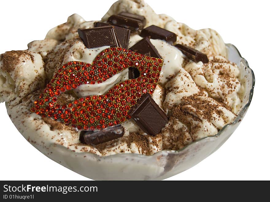 Icecream with chocolate on white background