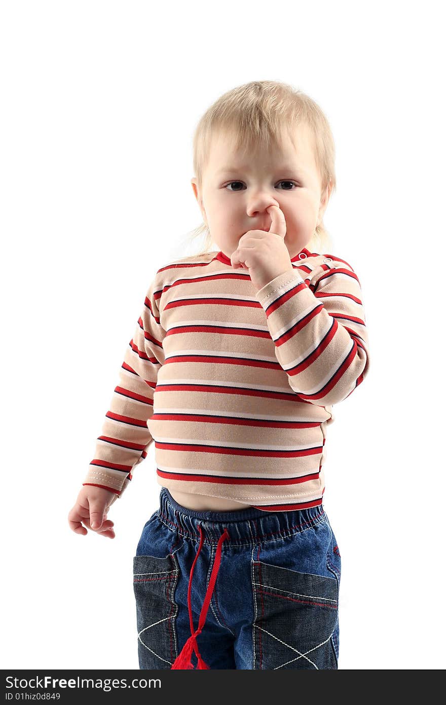 Little boy pick at his nose isolated on white background