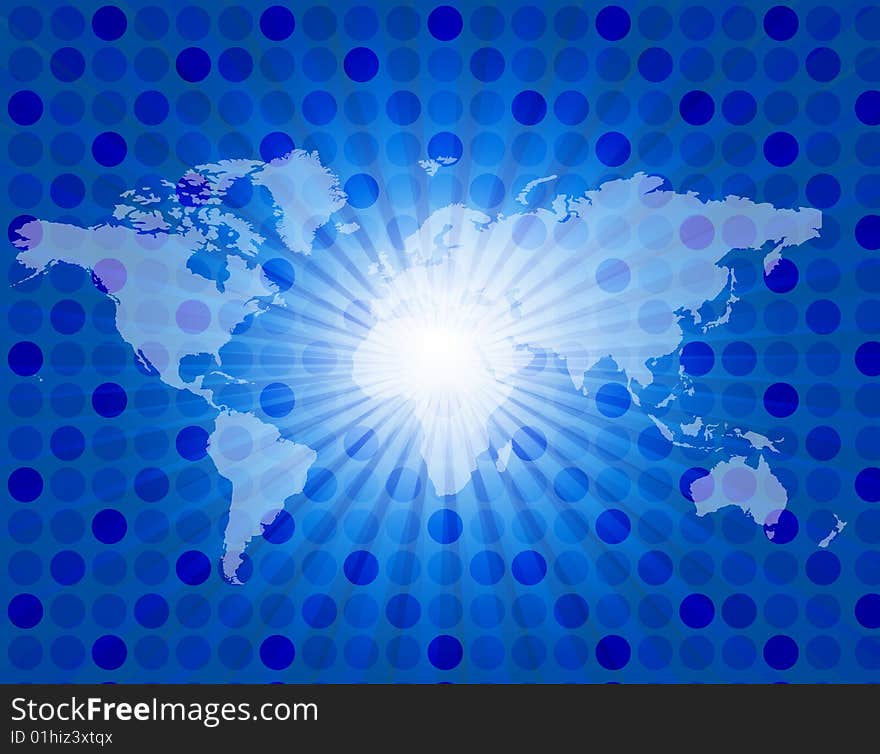 World map on polka dots an blue burst background