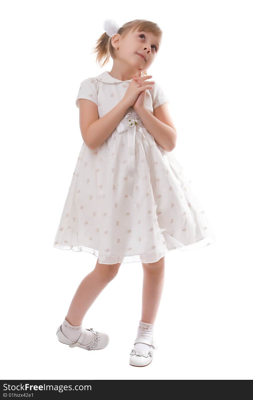 Girl in a white dress with wings isolated on a white background. Girl in a white dress with wings isolated on a white background