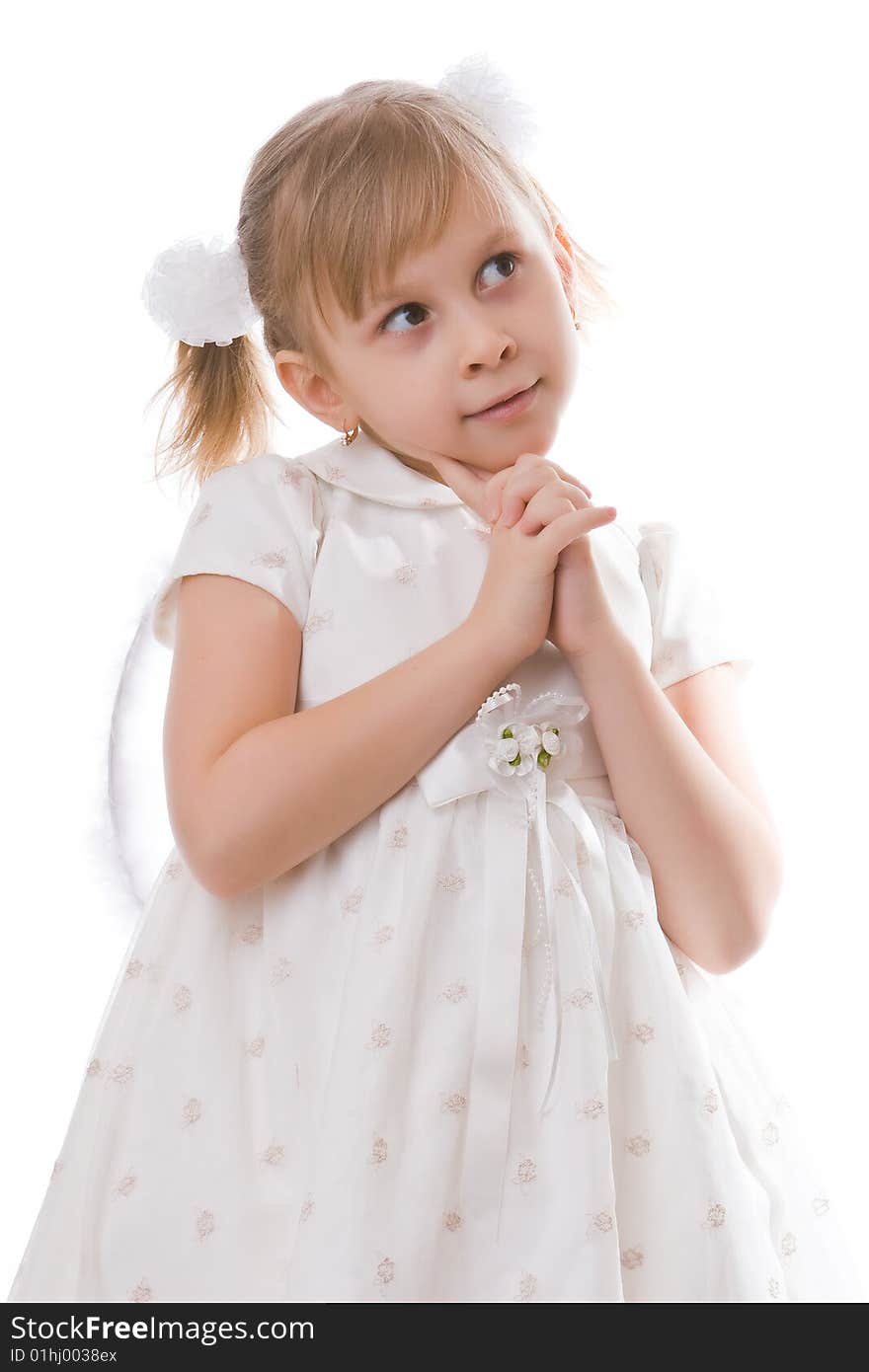 Girl in a white dress with wings isolated on a white background. Girl in a white dress with wings isolated on a white background