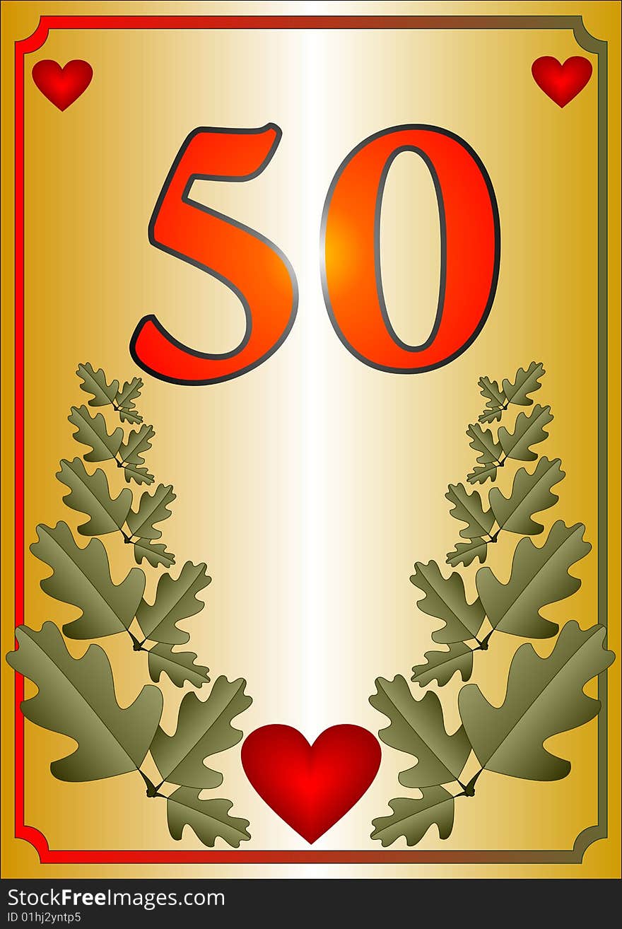 Number 50, red hearts and oak leaves on a gold background. Number 50, red hearts and oak leaves on a gold background.