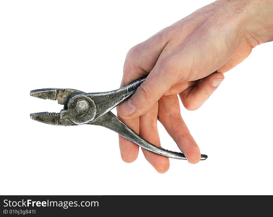 Hand holding metallic pliers. isolated