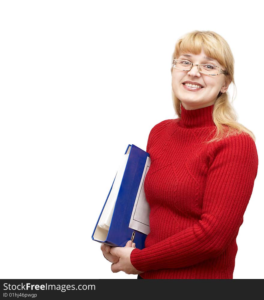 Adult cheerful woman in glasses holding blue paper folder. Isolated on white