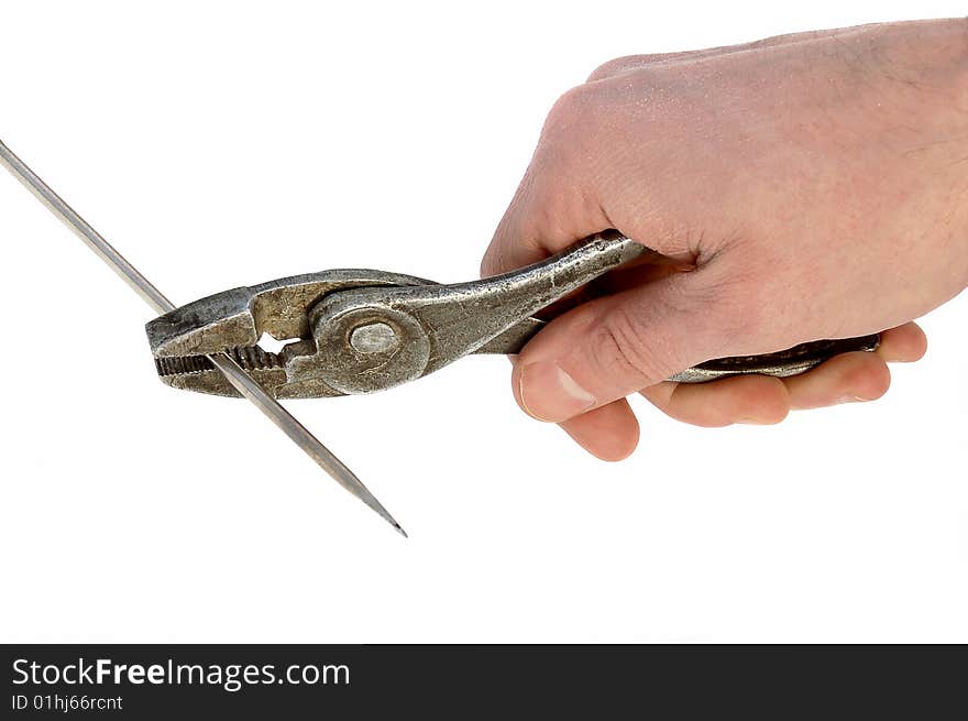 Hand holding metallic pliers. isolated