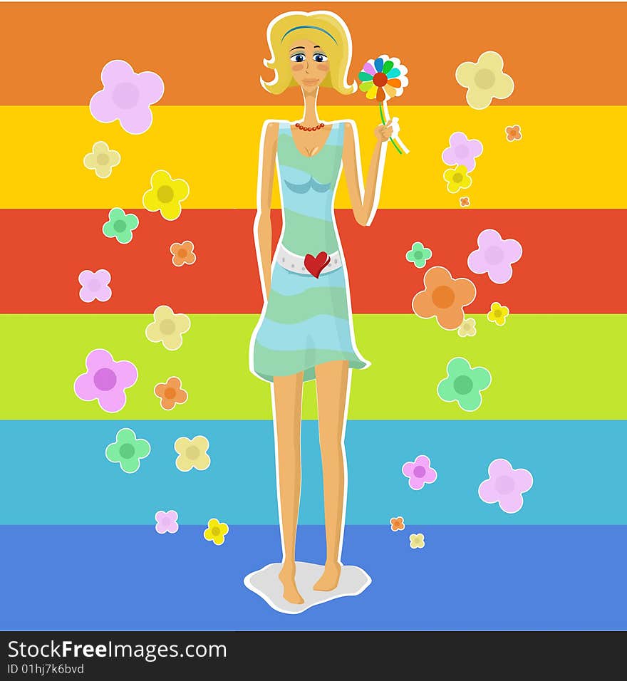 Pretty girl with a flower on bright background