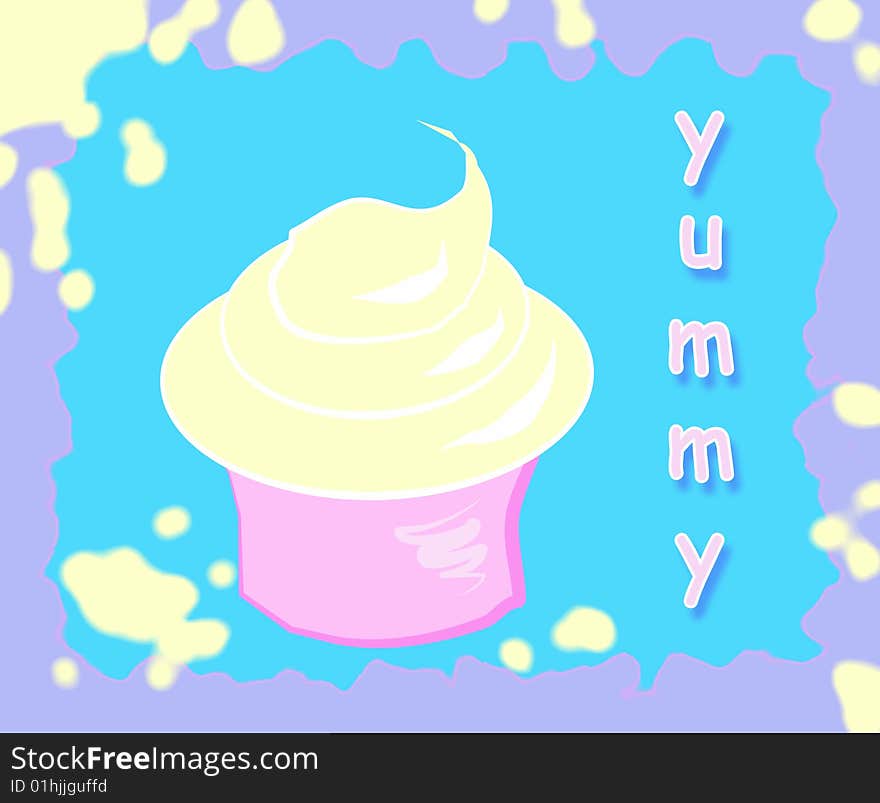 A white creamy icecream in a pink little cup on a blue background surrounded by cream drops and a creamy frame. Digital drawing. Coloured picture.